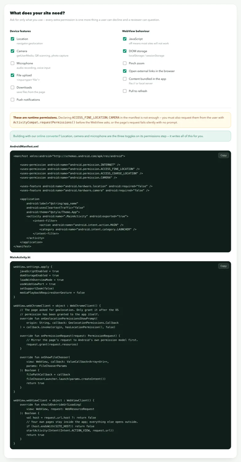 The WebView config generator with the settings a website app needs: JavaScript, DOM storage, zoom and permissions